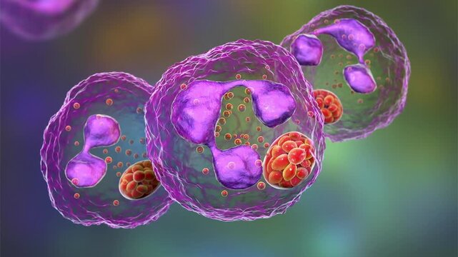 Anaplasma bacteria infecting neutrophils, 3D animation. Anaplasma phagocytophilum causes human granulocytic anaplasmosis transmitted by the black-legged tick and the sheep tick.