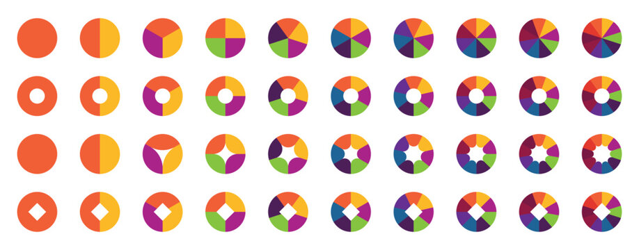 Set of colorful pie charts. Pie chart color icons. Circle pie chart diagram.  Segment slice sign. Circle section graph. 1,2,3,4,5,6,7,8,9,10 segment infographic. Wheel round diagram part. 
