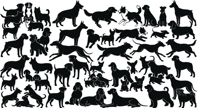 Dog breed silhouette mega icon set featuring domestic pets puppies running walking sitting playing and jumping vector background