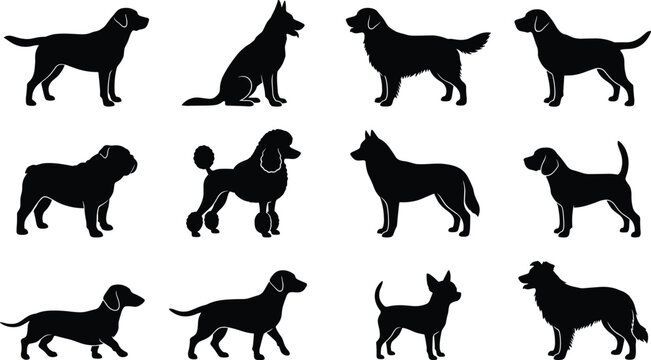 Dog breed silhouette icon set featuring domestic pets puppies standing sitting walking popular canines vector graphic collection