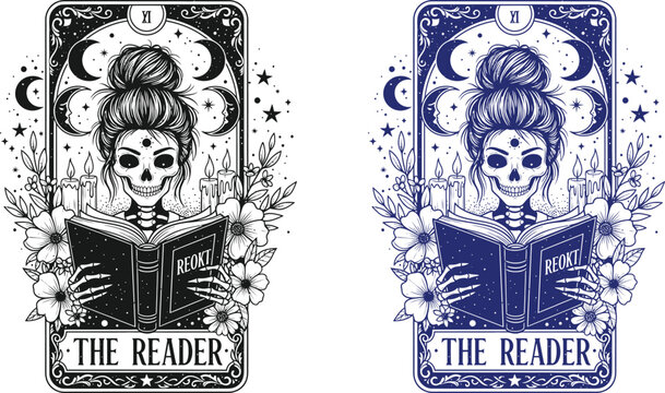 Halloween skeleton tarot card illustration vintage gothic reader design with floral elements and moon phases