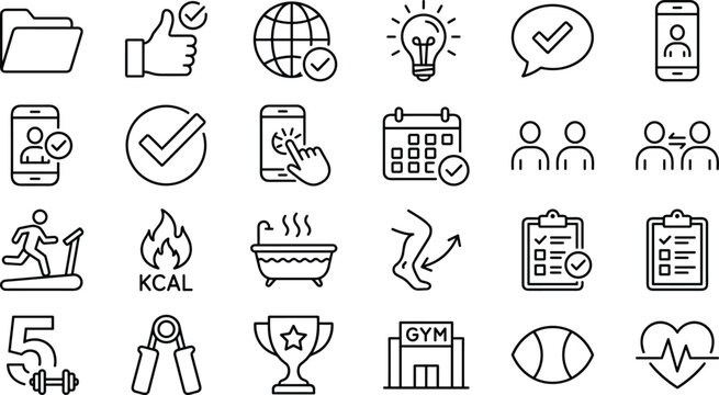 Fitness and gym outline icons set. sport and workout vector collection. healthy lifestyle symbols.
