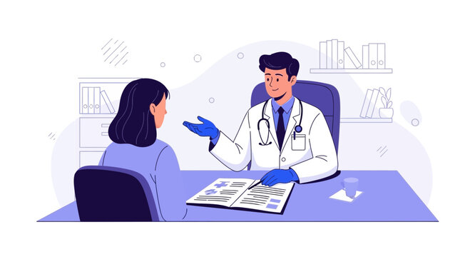 Medical Consultation: Physician Explaining Condition to Patient In Well-Lit Medical Office