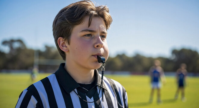 Youth referee whistle blow on sunny sports field. Young boy in striped uniform focused for decisive game action, preparing critical youth referee whistle blow. Image suits sports publications.