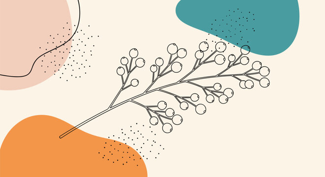 Abstract artistic background combines a thin line berry branch with soft organic shapes in pink, teal, and orange.