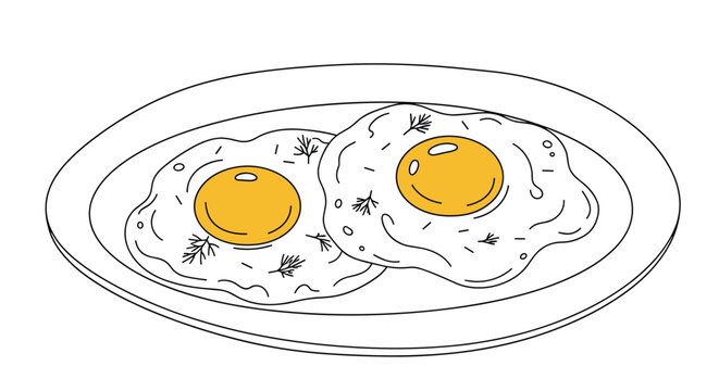 Simple line drawing of two sunny side up fried eggs seasoned with herbs on an oval plate isolated on white background.