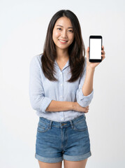 Fototapeta premium Young Asian Woman Holding Smartphone with Blank Screen in Studio Setting