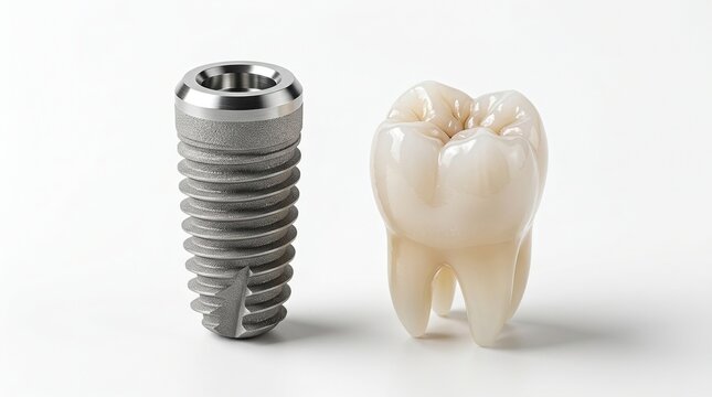 Dental implant titanium screw and ceramic tooth crown positioned side by side on a white laboratory background, modern dentistry technology, prosthodontics equipment, replacement tooth components.
