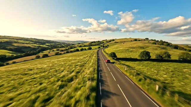 Aerial view of narrow asphalt road winding through green hills.