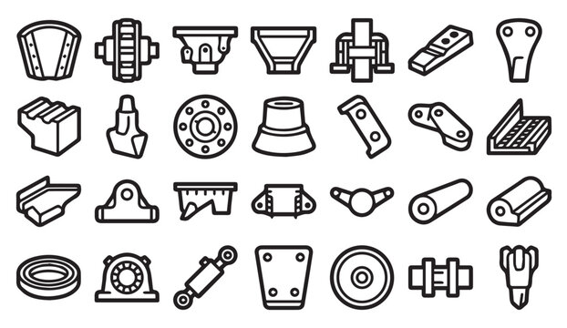 Industrial machinery parts and mechanical components icons with industrial