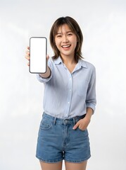 Fototapeta premium Young Woman Holding Smartphone With Blank Screen, Presenting Technology