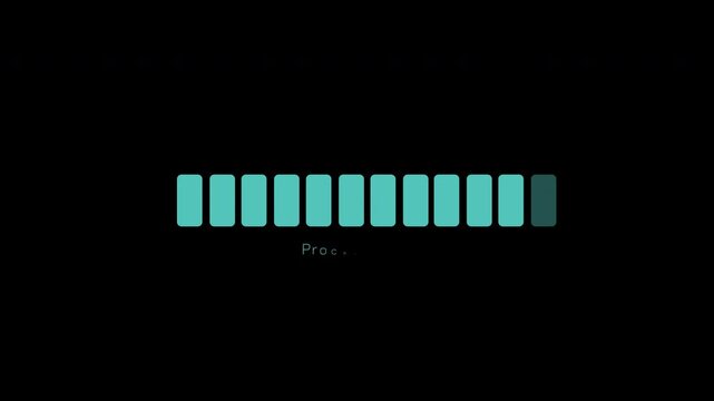 Digital processing progress bar with text animation on black background, ideal for technology videos, software user interface mockups, app concepts, and waiting or loading screens. 4k video