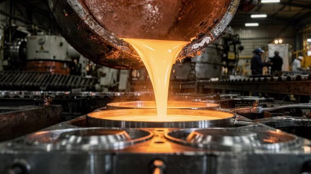 Molten aluminum poured with precision in a gravity casting process forming smooth and seamless saucepan bodies in an industrial foundry environment