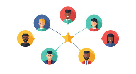 Fototapeta premium Diverse People Avatars Connected to Central Gold Star for Customer Reviews, Rating, and Feedback Concept