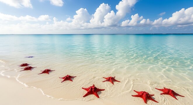 Vibrant red starfish rest on a pristine white sand beach at the turquoise ocean's edge