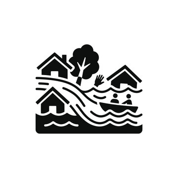 Flood Disaster Icon: Houses Submerged, People Rescued in Boat, Tree