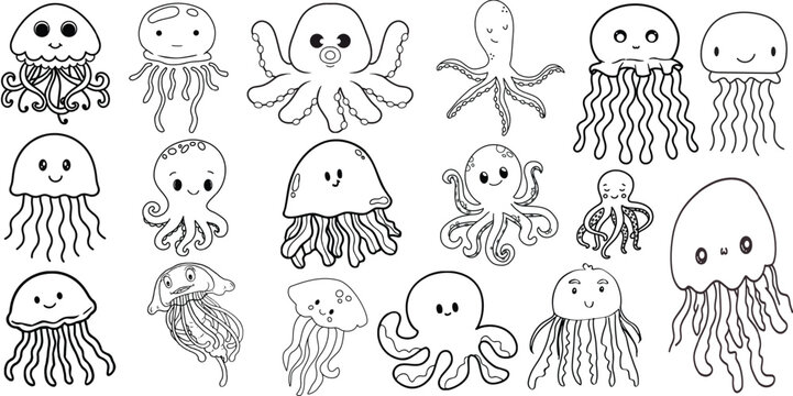 Cute Kawaii Jellyfish and Octopus Outline Mascot Vector Set - Editable Stroke.