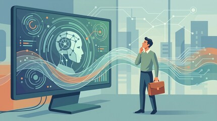 Fototapeta premium Man Contemplating Futuristic AI Technology Displayed on a Large Computer Screen in an Office Setting
