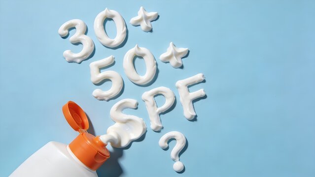 White sunscreen cream squeezed from a bottle to form the letters spf 30 and 50 with star shapes and a question mark on a blue background
