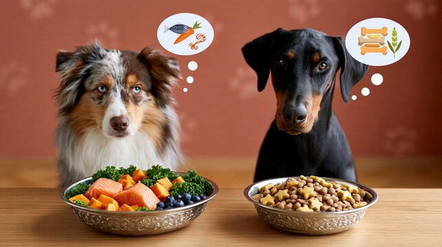 Two dogs, an Australian Shepherd and a Doberman, sit at a table with bowls of food, contemplating their meal choices in a cozy indoor setting