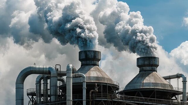 Medium shot of industrial rooflevel ventilation hoods capturing offgas emissions from large furnaces showcasing extensive ductwork against the sky background