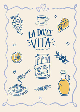 La Dolce Vita Italian Summer Poster with Mediterranean Coastal Illustration. Hand drawn vector artwork