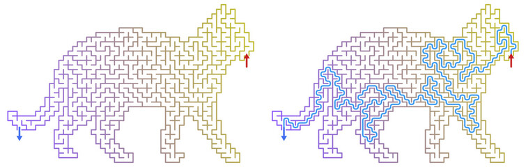 Obraz premium Geometric cat silhouette maze in blue purple and yellow colors puzzle game activity 