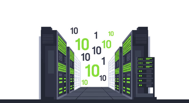 Modern Data Center Illustration with Binary Code Floating Between Server Racks for Cloud Computing and Big Data Concepts