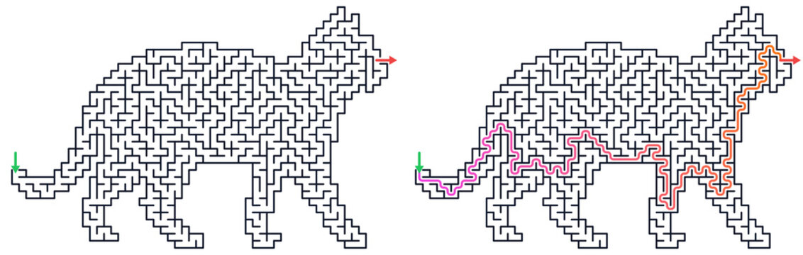 Geometric cat silhouette maze pattern in black white and pink colors puzzle game solution
