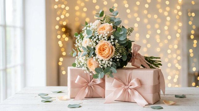 Elegant floral wedding bouquet with peach roses and wrapped gifts on white table