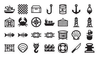 Marine fishing and nautical maritime theme flat vector icon set with nautical © Vector Galaxy