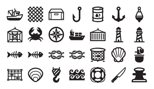 Marine fishing and nautical maritime theme flat vector icon set with nautical