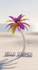 Fototapeta premium Stylized tropical palm tree on sunlit sand with purple and gold leaves and hello summer text for vertical poster background and banner design