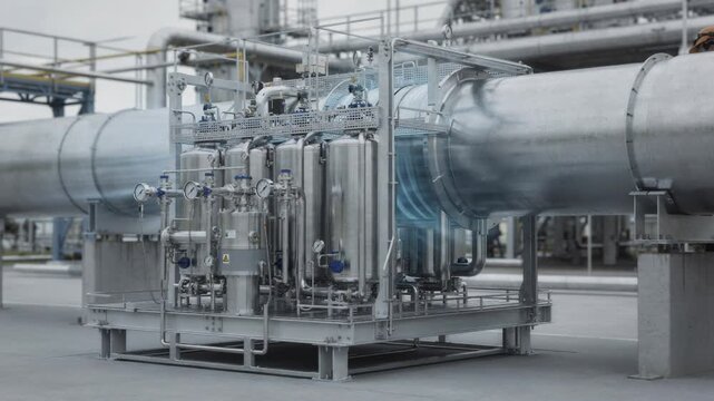 Medium shot of a modular carbon capture skid mounted on a vent line featuring adsorption technology actively removing carbon dioxide from industrial process gases