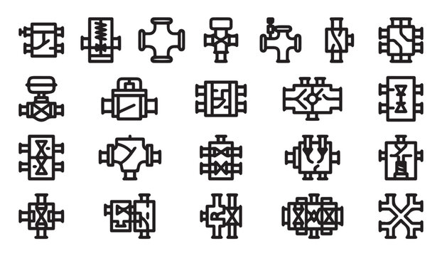 Industrial fittings and connectors icons set with cross fitting, tee fitting
