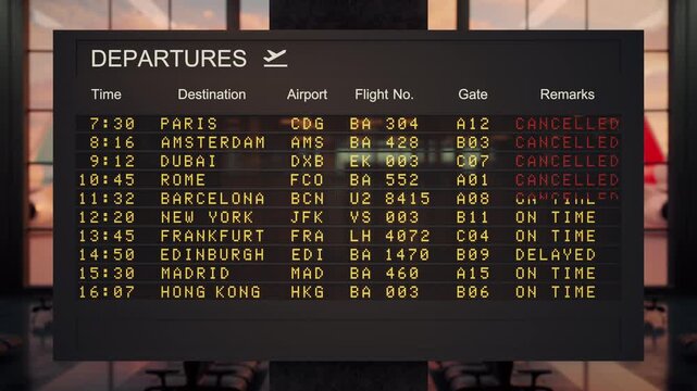 Departures board LED updating all European flights to cancelled in a CG animation, blurred sunset terminal background. Airline strike coverage, aviation crisis news, mass cancellation.