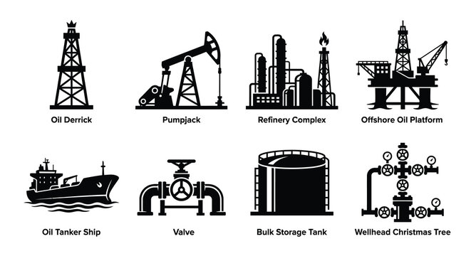 Oil and gas industry icons set drilling refining transport and equipment silhouette