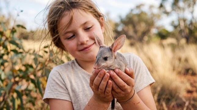 A young girl gently cradles a small bilby in her hands, smiling tenderly at it. The sunny, blurred outback background highlights a heartwarming, innocent connection with nature.