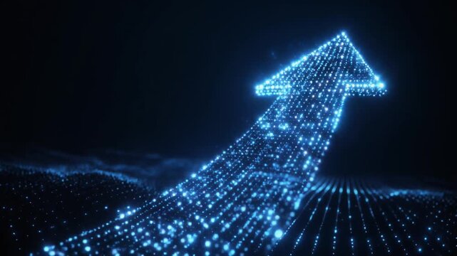 Glowing blue arrow made of tiny dots rising upwards on dark background
