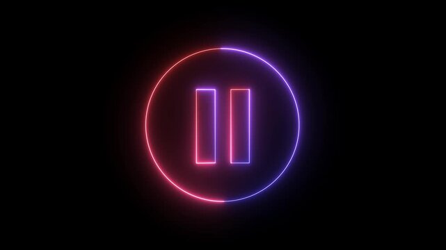 Glowing light neon red and blue color media player pause icon animation sign symbol on black background .4k video animation .