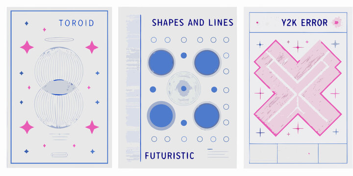 three vertical posters with geometric designs toroid