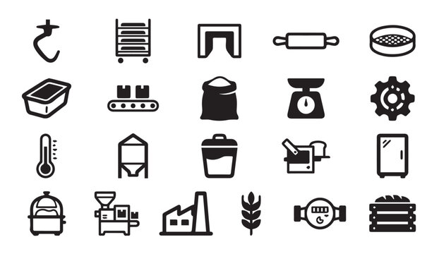 Industrial bakery and food production process icons with production, industrial