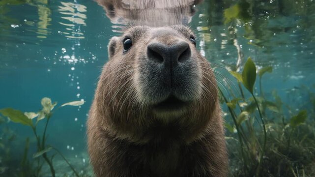 Capybaras Swimming in Crystal Clear Pantanal Waters at Sunset