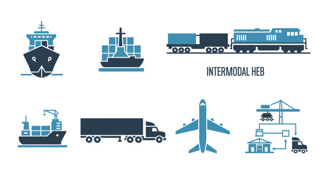 Intermodal Logistics Hub: Ship, Train, Truck, Airplane, and Cargo Icons