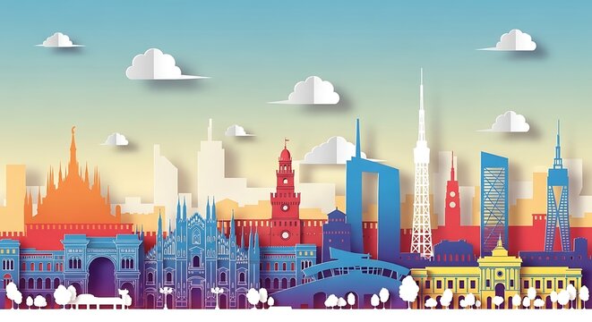 Vibrant papercut cityscape with iconic buildings under a gradient sky