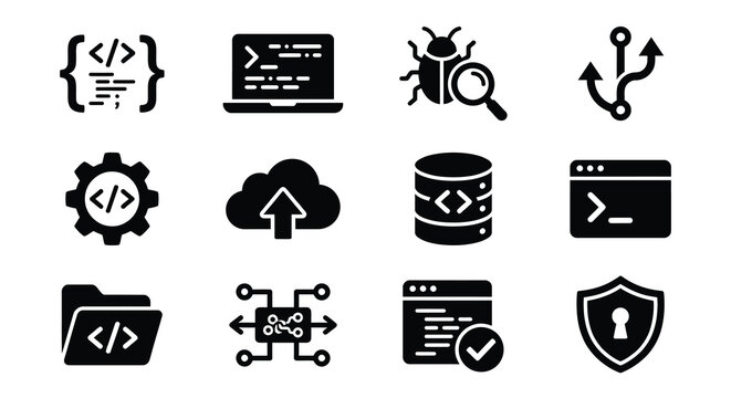 Black glyph icons representing software development debugging and cybersecurity concepts