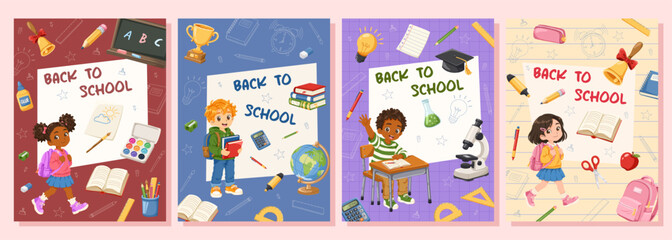 Back to school poster set with cute children, books, stationery and education supplies. Vector hand drawn banner illustration for classroom decoration, admission, websites, social media, print design