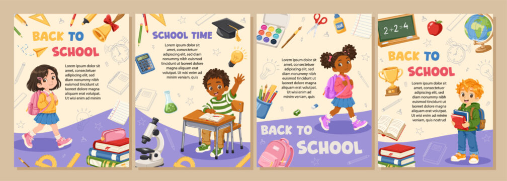 Back to school welcome posters set with cute children, books, school supplies. Education banner collection for students, print, flyer, website. Vector hand drawn cartoon illustration for your design