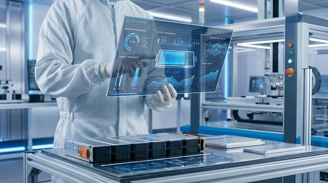 Technician analyzes futuristic battery data on transparent screen in cleanroom