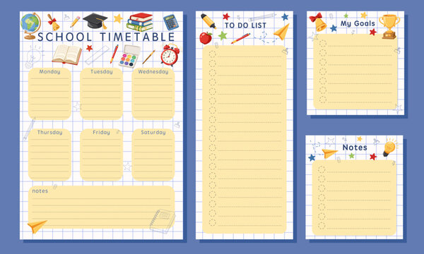 Back to school planner set with school timetable, to do list, goals and notes templates. School doodle supplies and stationery on notebook paper background. Vector hand drawn cartoon illustration